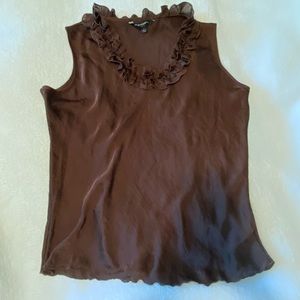 Brown ruffle neck top.